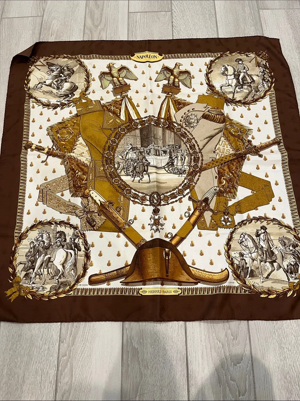 Hermes Brown and Gold Napoléon Silk Scarf